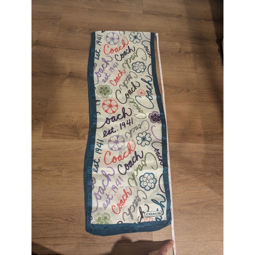 Coach Women's 100% Silk Scarf Floral Script Logo Signature Teal Long Oblong 55" - Picture 7 of 9